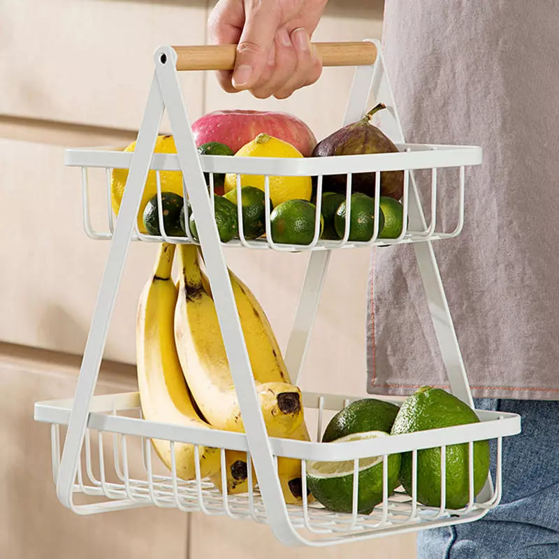 Cesta de Frutas 2 Andares com Alça de Madeira – Coleção Housilar