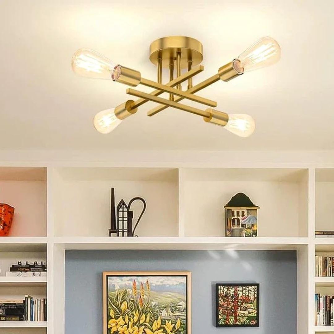 Lustre Luminária de Teto Industrial Moderno Dourado Polihousi